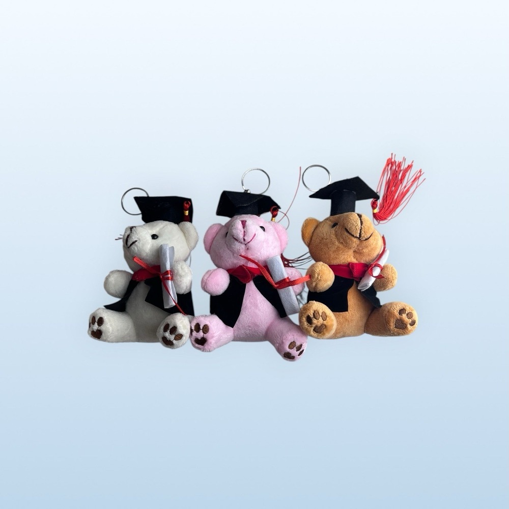 3 Graduation Bear Keychain Set Plush Diploma Cap Gift Party Favor Cute 3pc Color